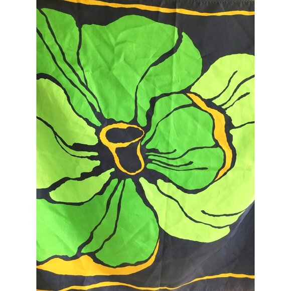 Large Square Floral Scarf Green Navy Blue Yellow Flower Vintage Accessory - Picture 3 of 3